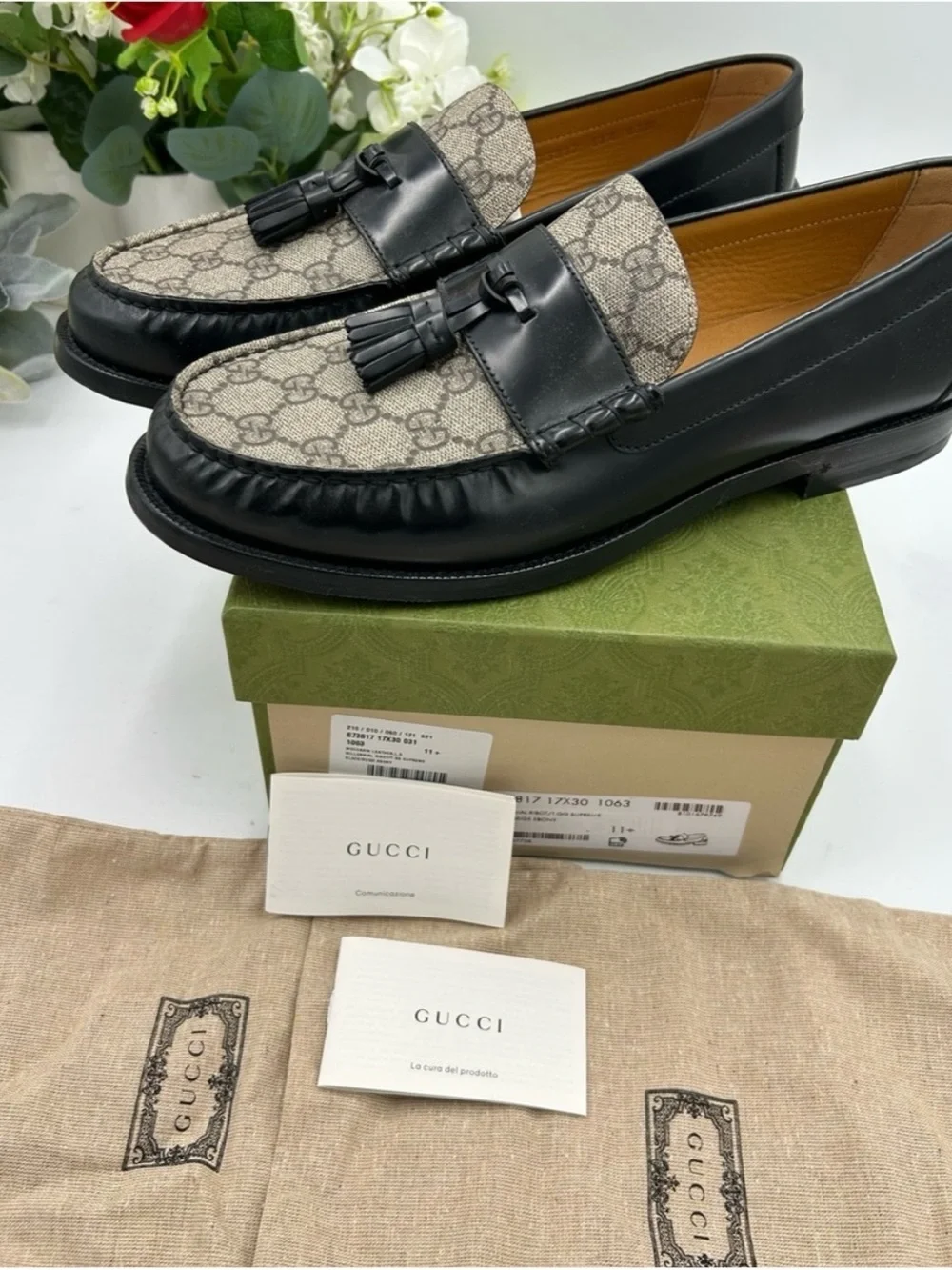 Gucci, GG Supreme tassel loafers size 11.5 fits 12 US made in Italy